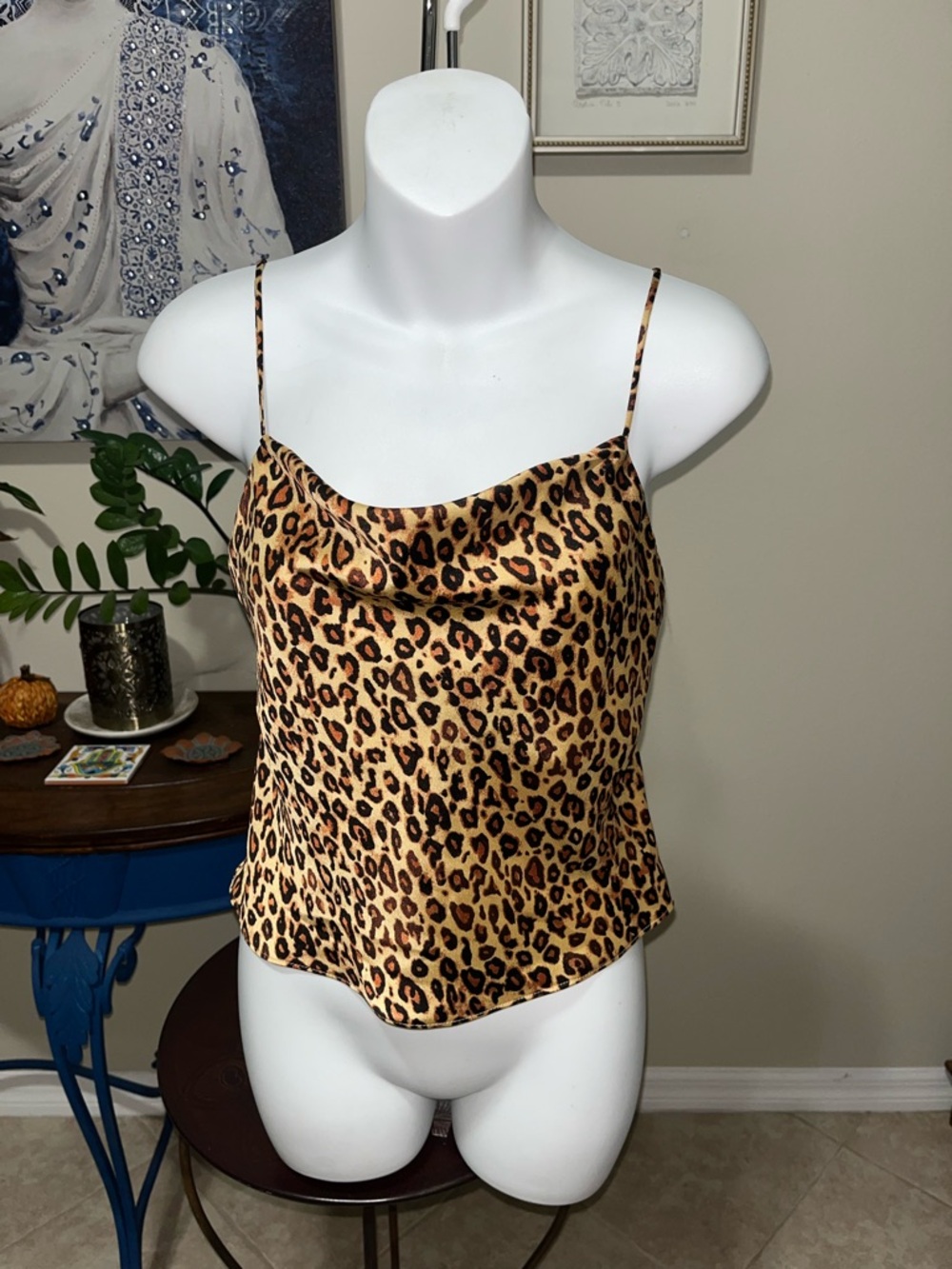 NWOT Zara Leopard Print Cropped Cowl Neck Tank Top w Chain Straps - XS